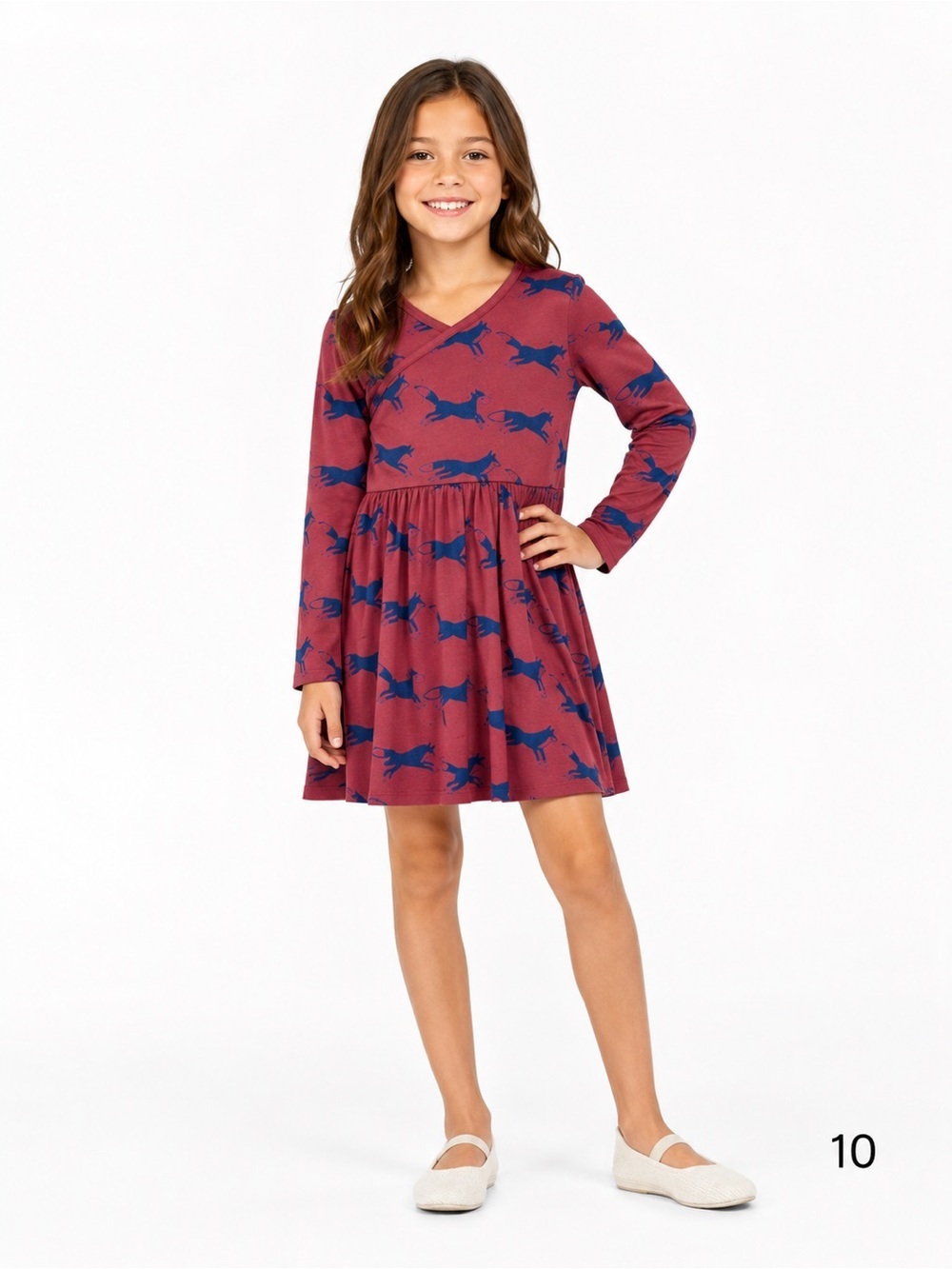 Tea Collection Girls Long Sleeve Wrap Neck Dress 10 Jumping Fox Print